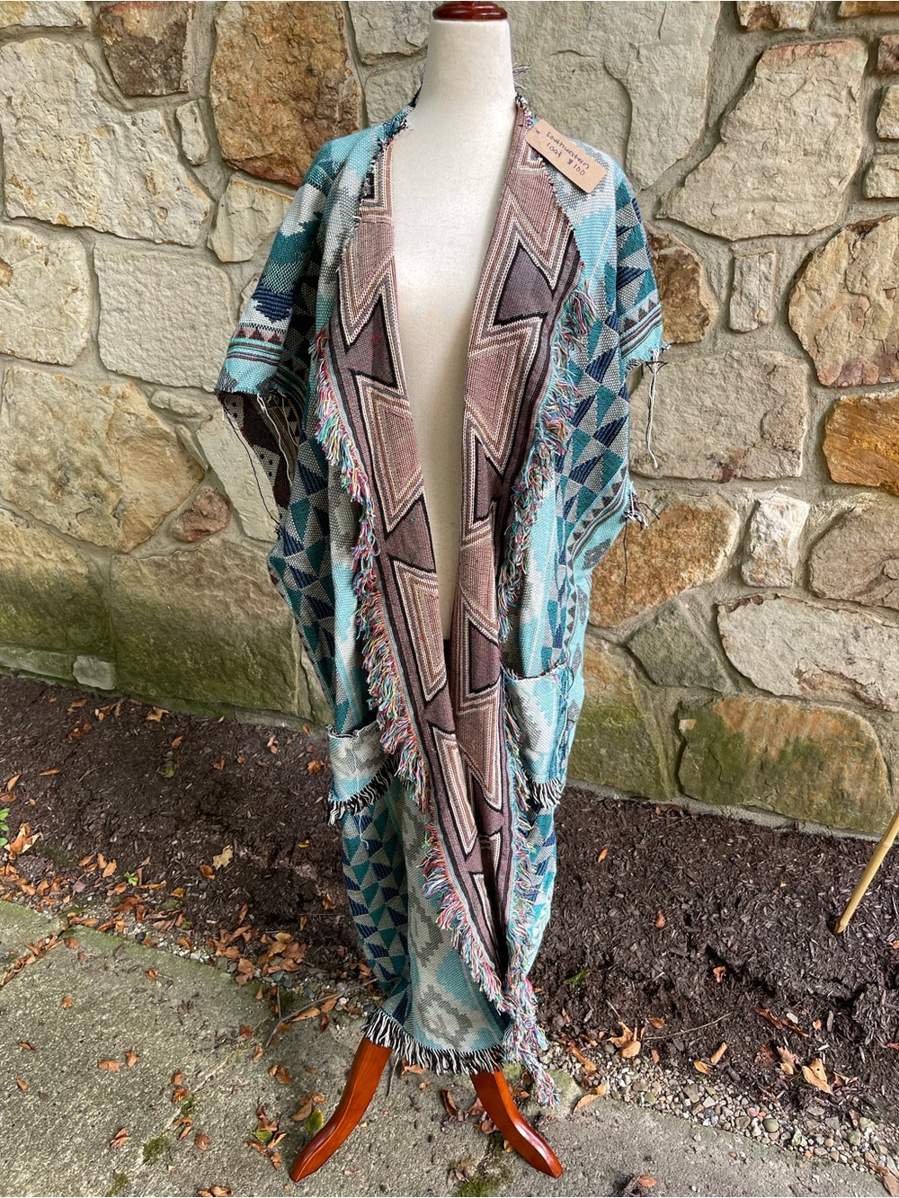Handmade Southwestern Blanket Duster Coat Long Boho Patchwork Fringe One Size